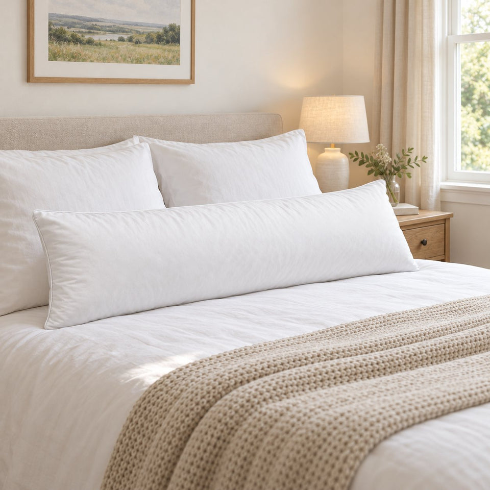 White feather and down bolster pillow on a made double bed in a bright bedroom (AI-generated image)