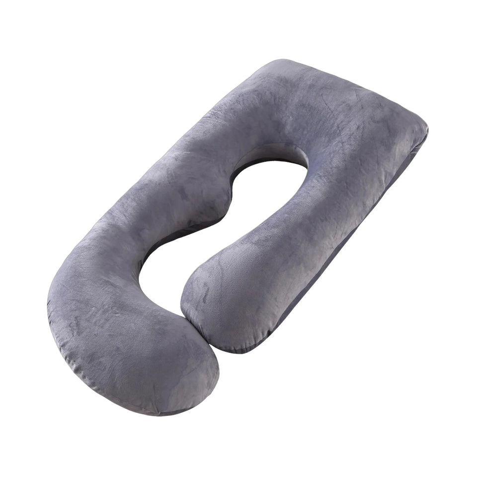 The G Cloud grey velvet G-shaped pregnancy pillow, real product photo on a white background