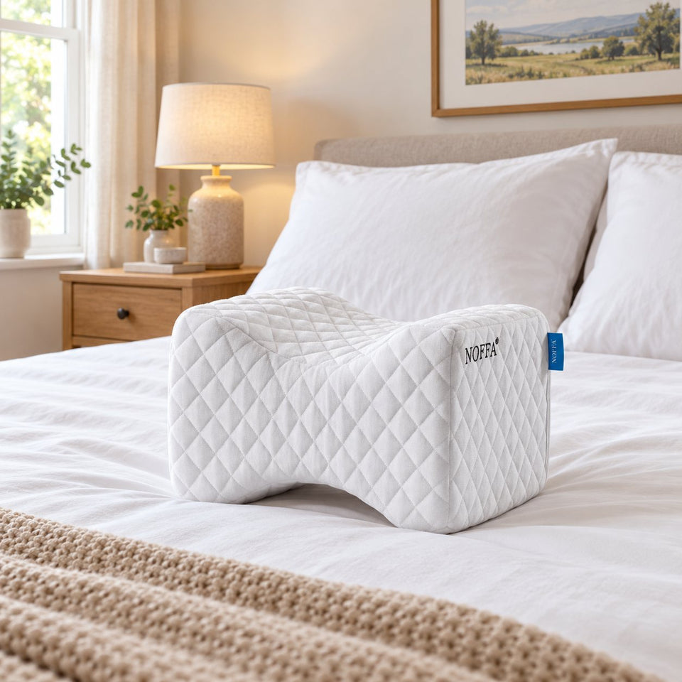White memory foam knee pillow on a made double bed in a bright bedroom (AI-generated image)