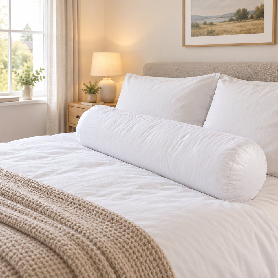 White bolster pregnancy body pillow on a made double bed in a bright bedroom (AI-generated image)