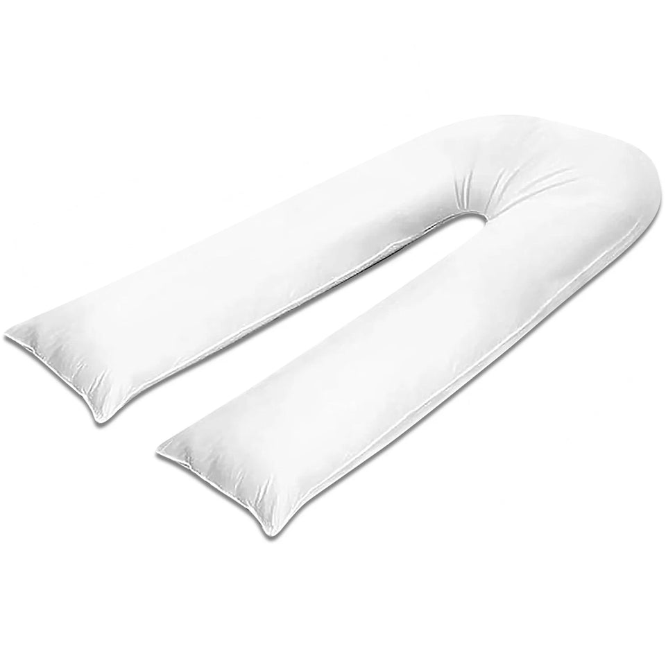 White cotton pregnancy pillow cover on a 9ft U shaped pillow