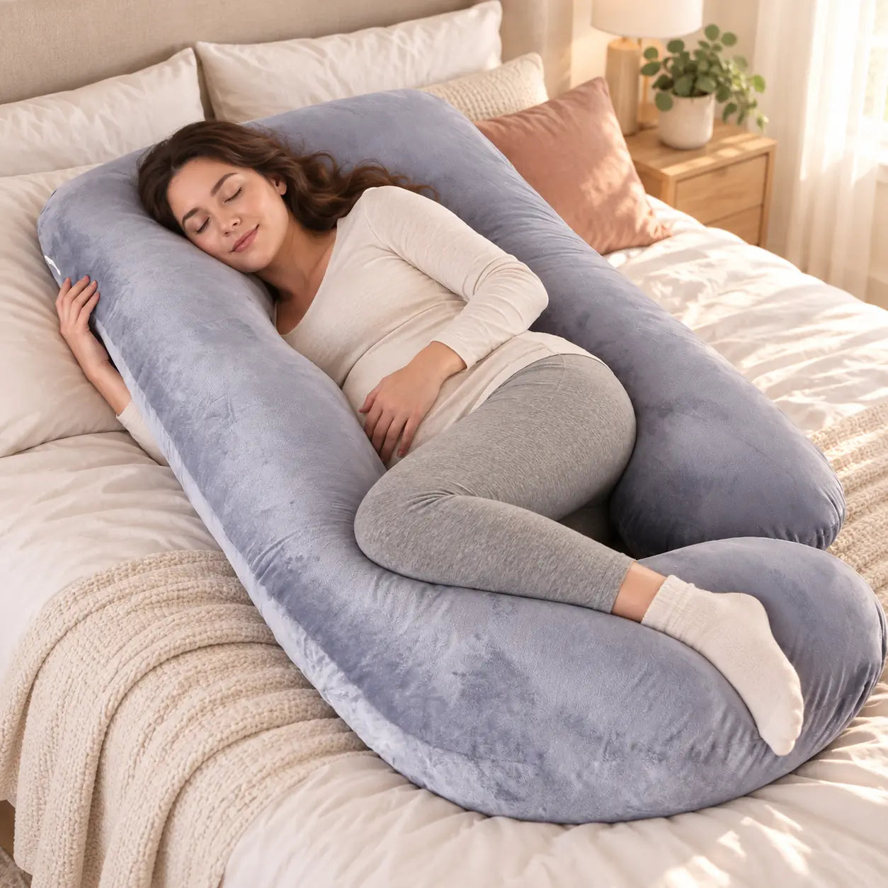 Head settled on the upper bend of the g shaped pillow