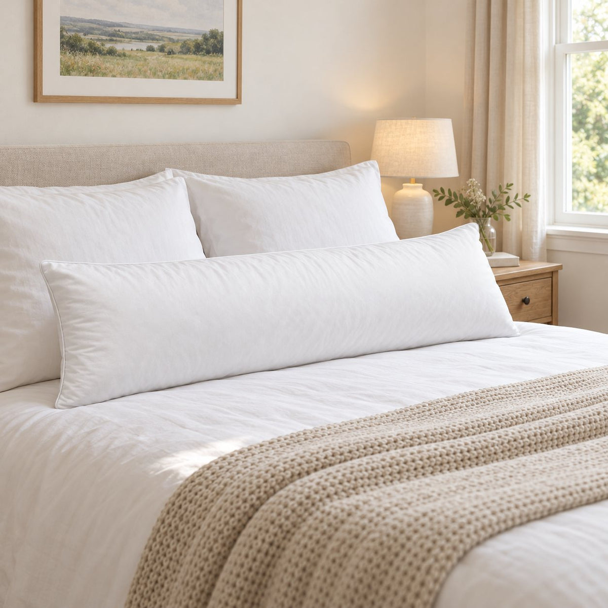 White feather and down bolster pillow on a made double bed in a bright bedroom (AI-generated image)