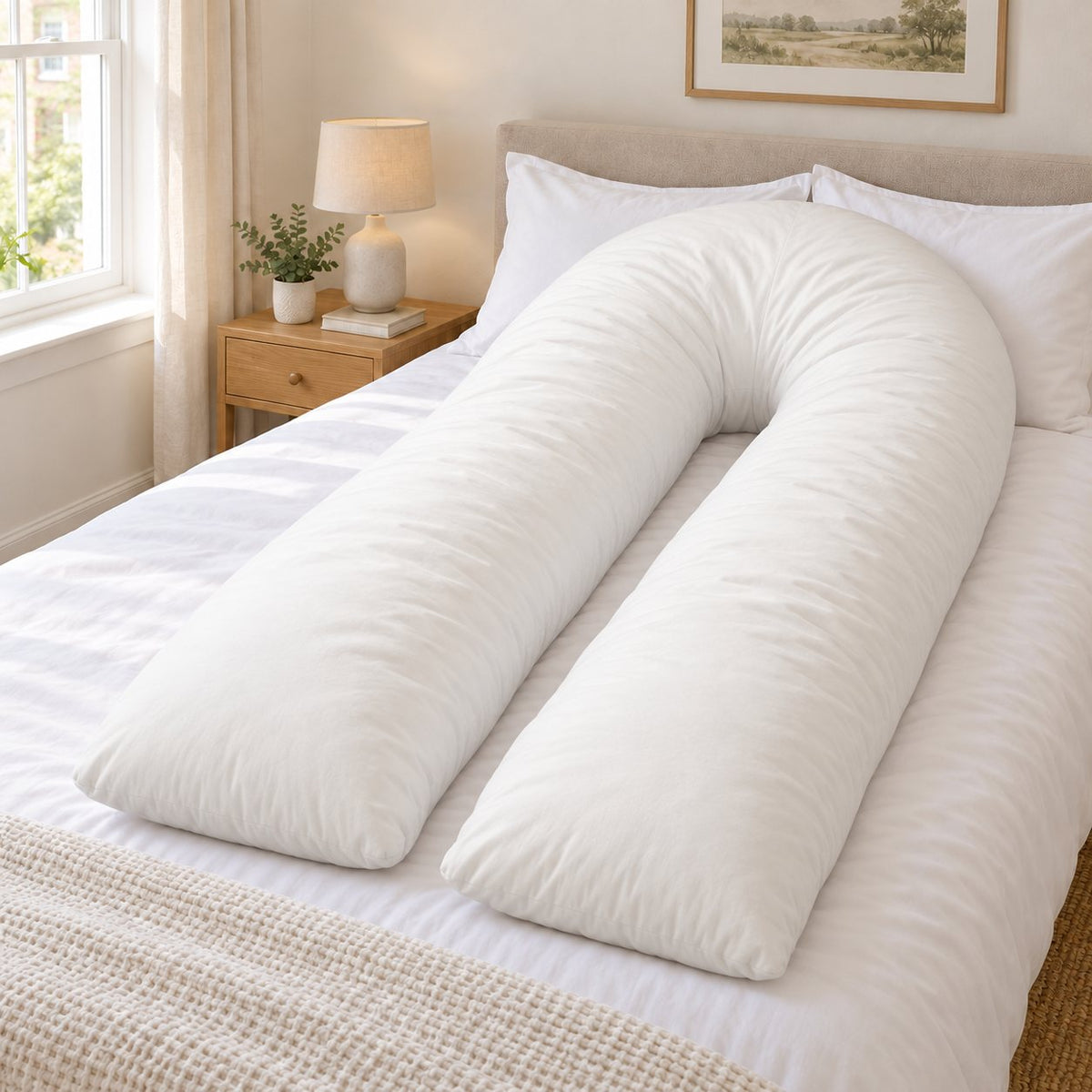 White 9ft U shaped pregnancy pillow on a made double bed in a bright bedroom (AI-generated image)