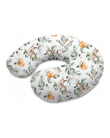 Nursing pillow with a woodland print of deer, squirrels and rabbits