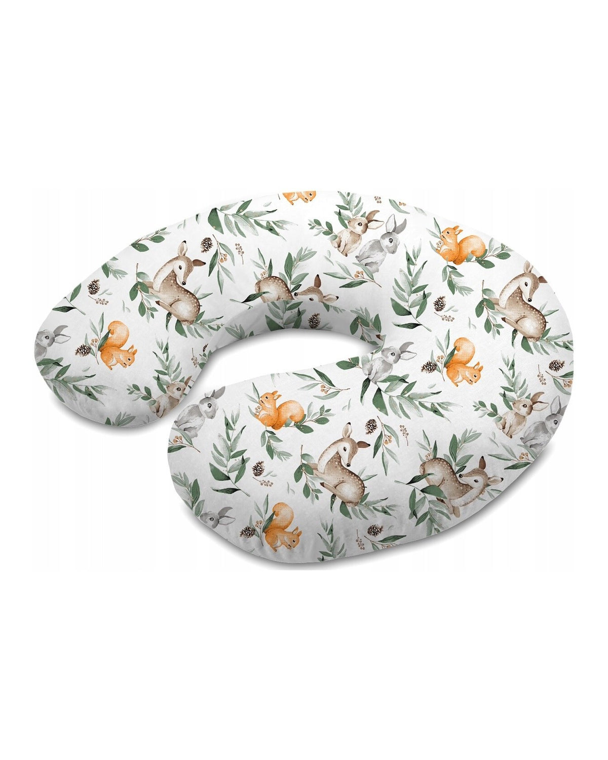 Nursing pillow with a woodland print of deer, squirrels and rabbits