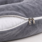 Detail of the G Cloud grey velvet cover and its zip, with the white inner pillow