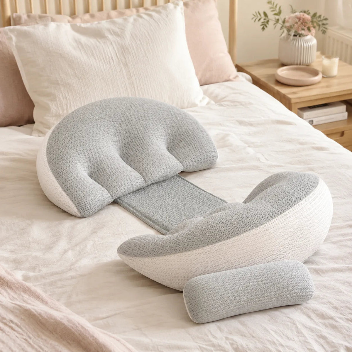 The Bump Wing side sleeper pregnancy pillow on a cream linen bed