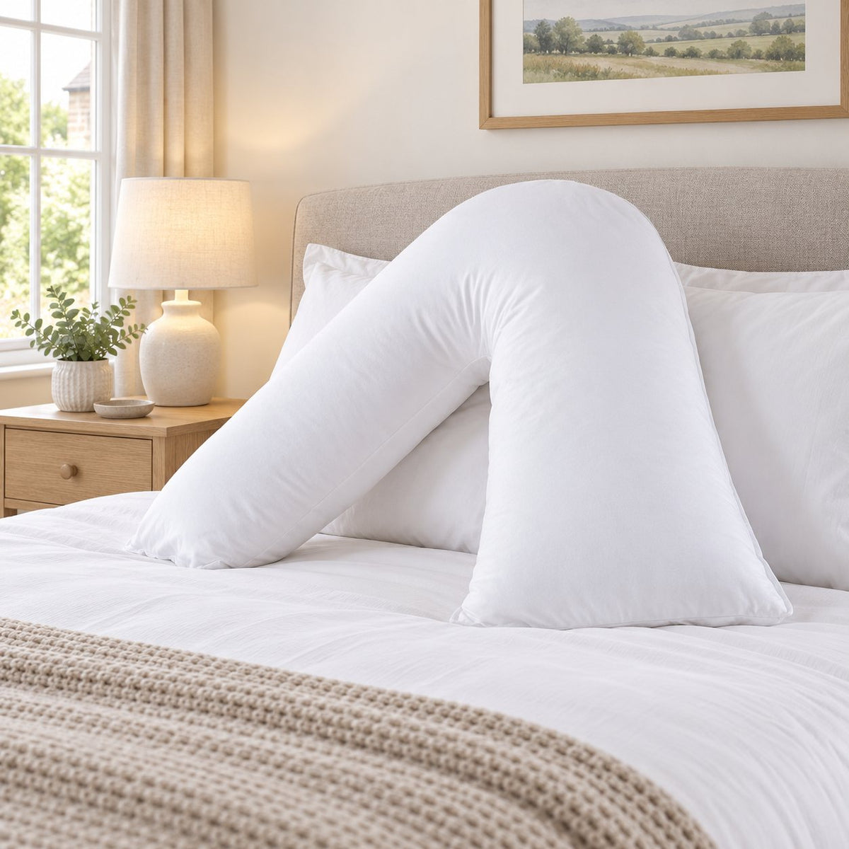 White V shaped pregnancy pillow against the headboard of a made double bed (AI-generated image)