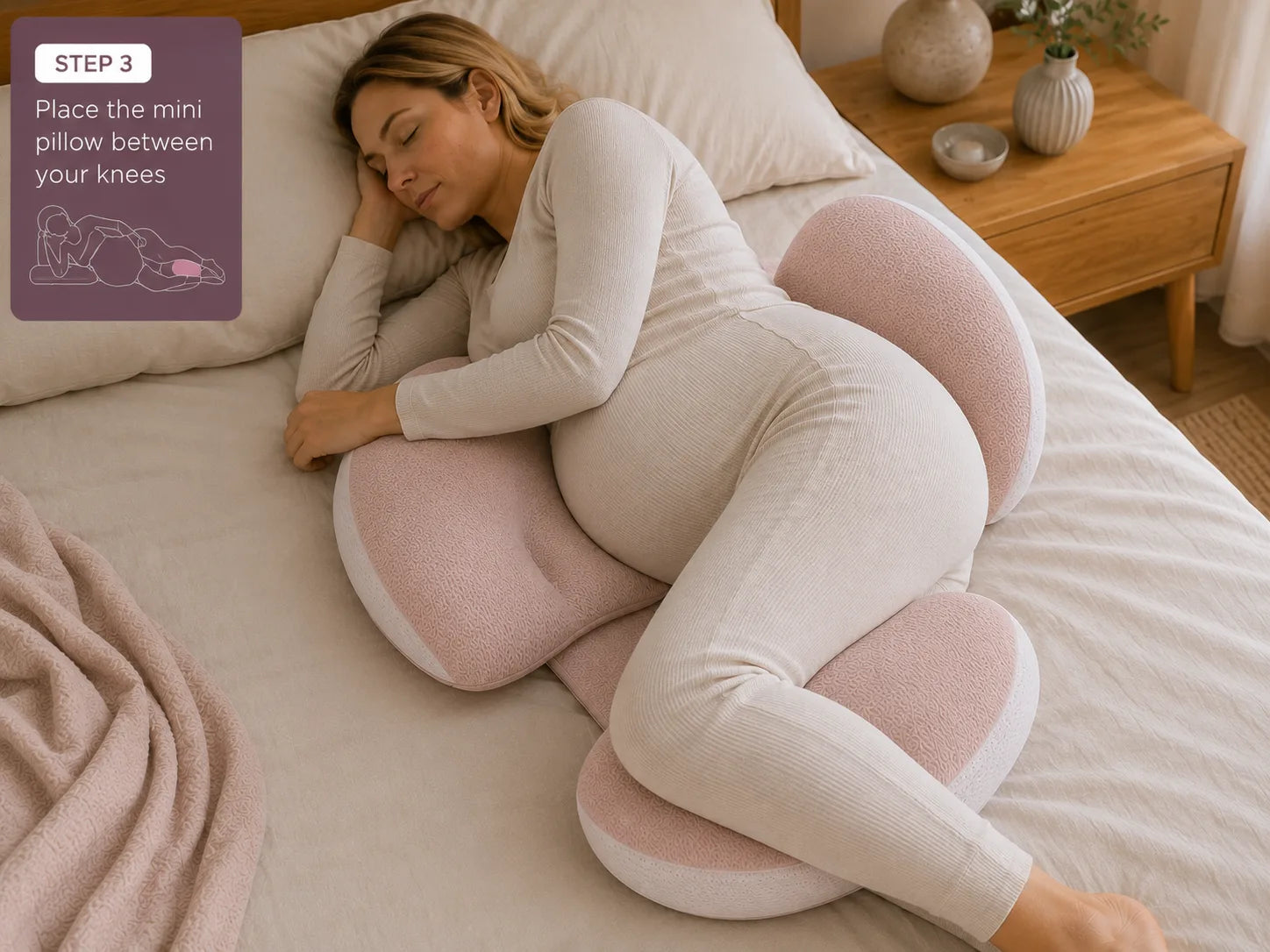 Mini pillow placed between the knees to align the hips